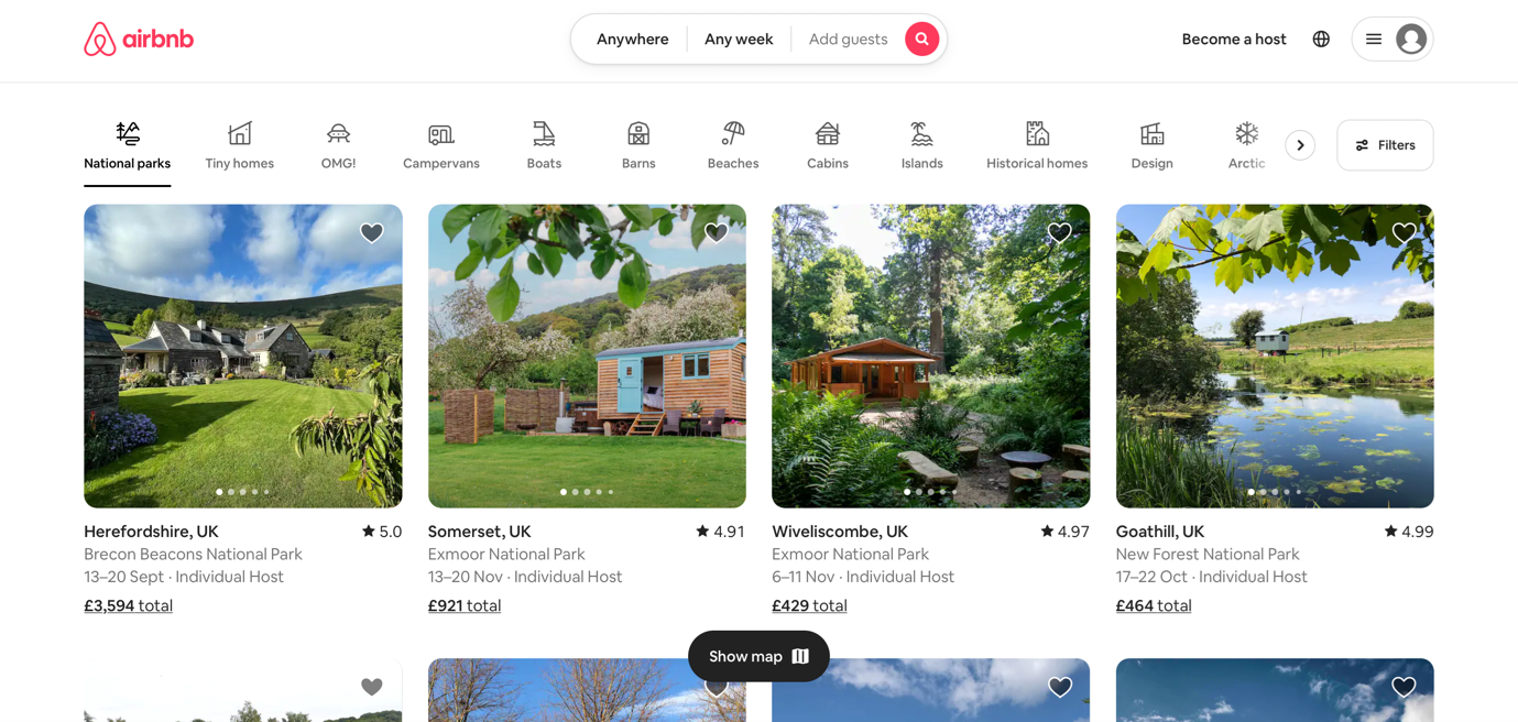A screenshot of the Airbnb site showing BnBs in national parks