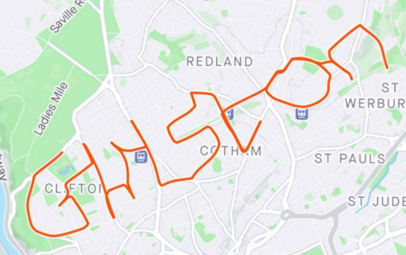 Map of the route the cyclists took spelling Ghyston